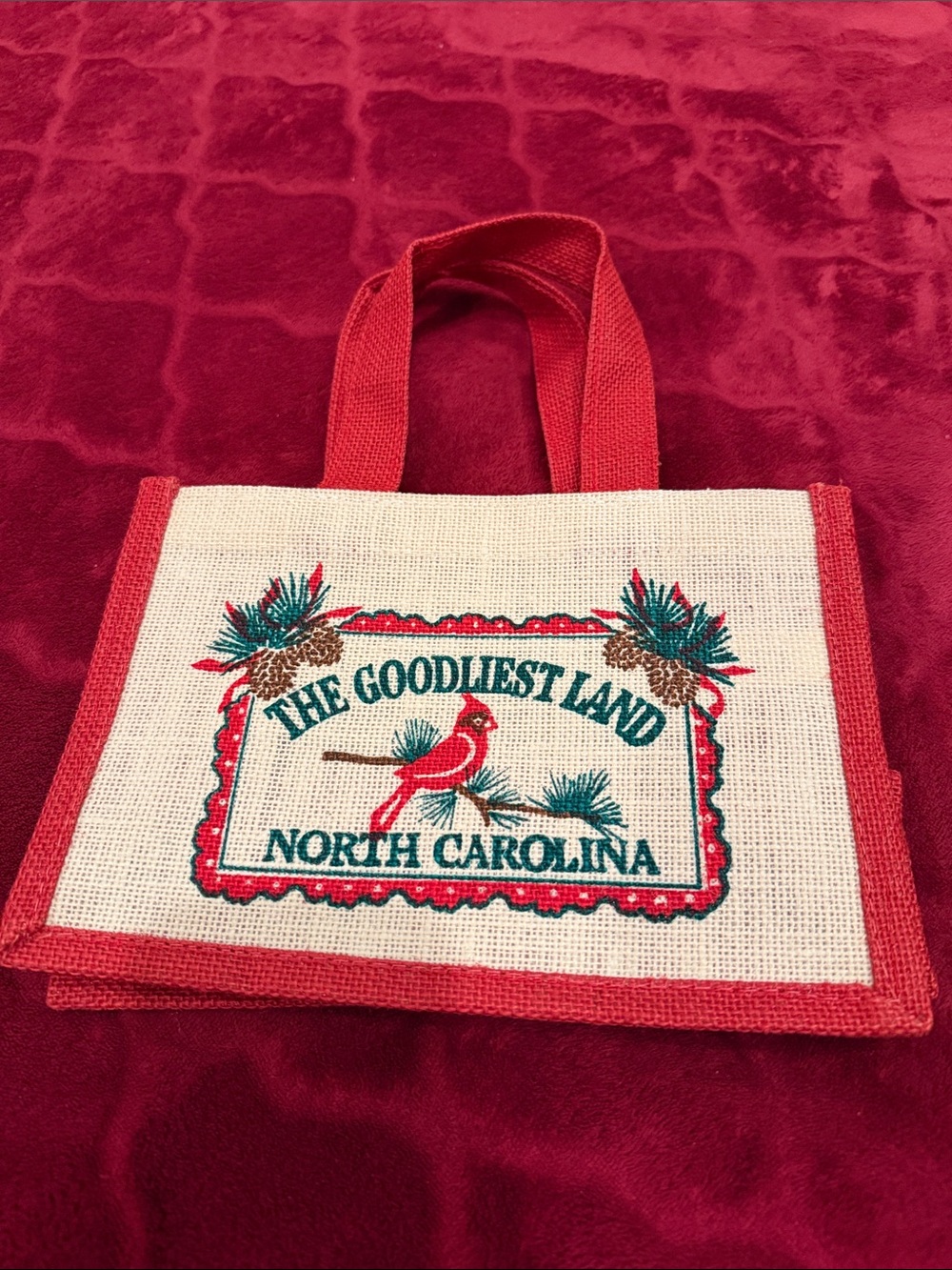 The Goodliest Land North Carolina Jute Tote - Red & Natural Holiday Gift Bag - Picture 3 of 4